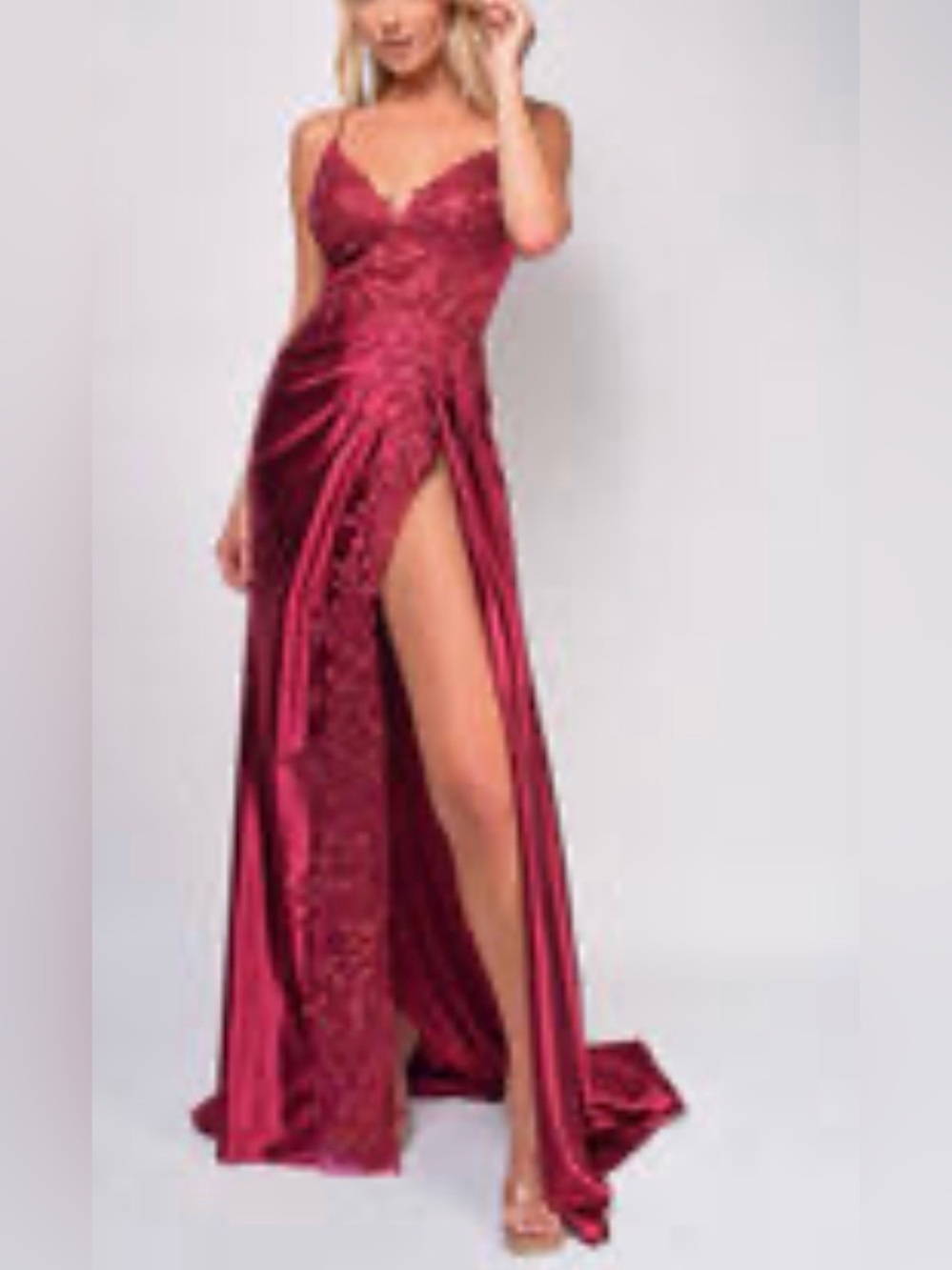 Elegant Wine Red Spaghetti Strap Prom Gown with High Slit